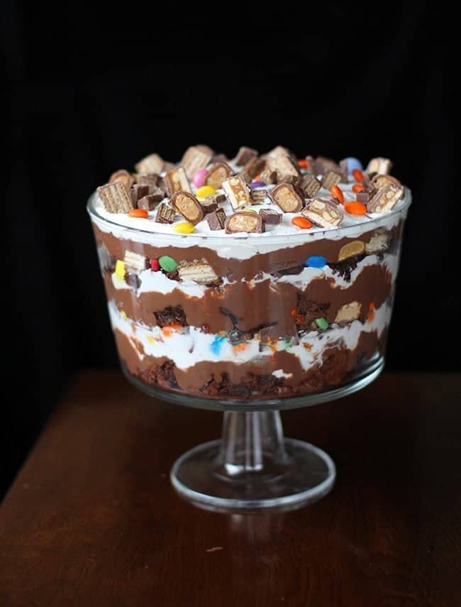 Leftover Halloween Candy Brownie Trifle - The Kitchen Magpie