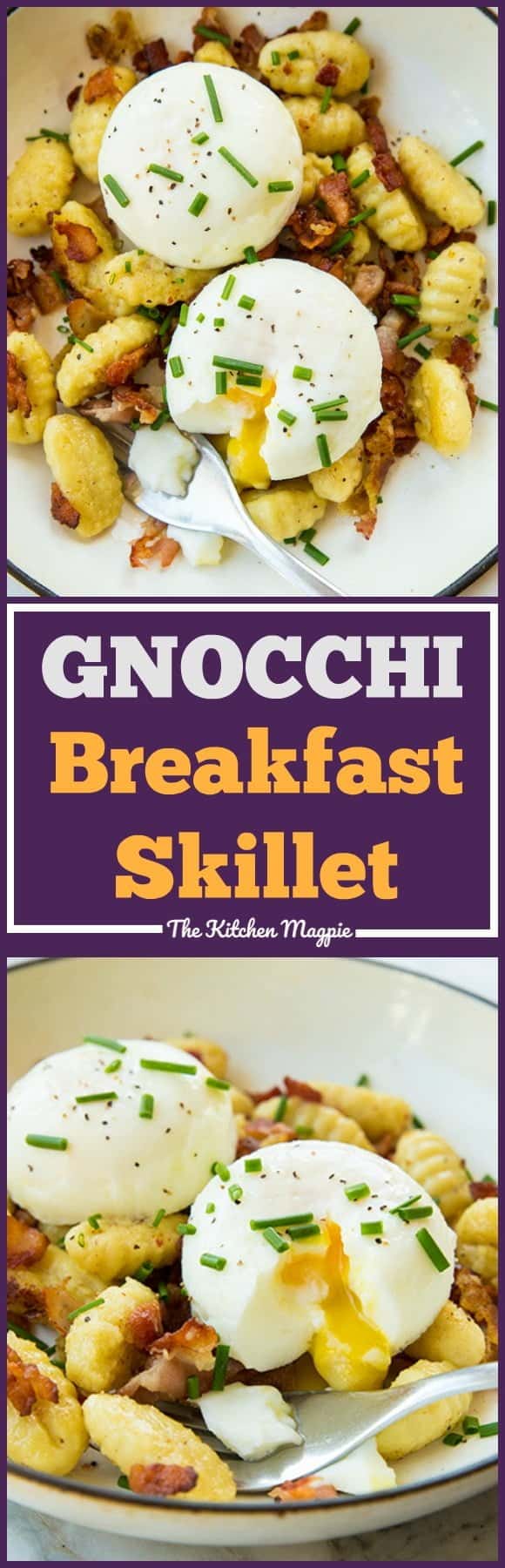 Gnocchi for breakfast? Why not? This Gnocchi Breakfast Skillet is perfect for leftover gnocchi - make sure to make extra gnocchi the night before so you can make this for breakfast the next day!! From @kitchenmagpie #recipe #breakfast #eggs #bacon 
