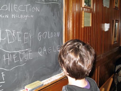 little boy in front of a board in a kid's room