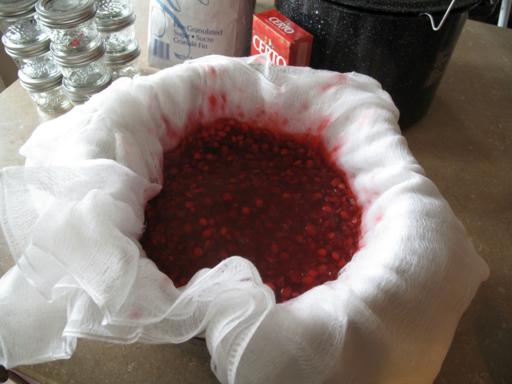 straining the boiled cranberries using a cheesecloth