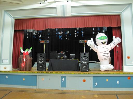 gym's stage all set for the event with sound system