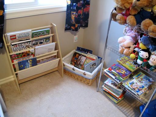 kid's bookshelf neat and clean, everything in proper place