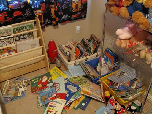 bookshelf and toy shelf, books on the floor