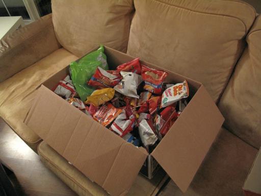box full of coffee crisp and other candy stuffs on top of the couch