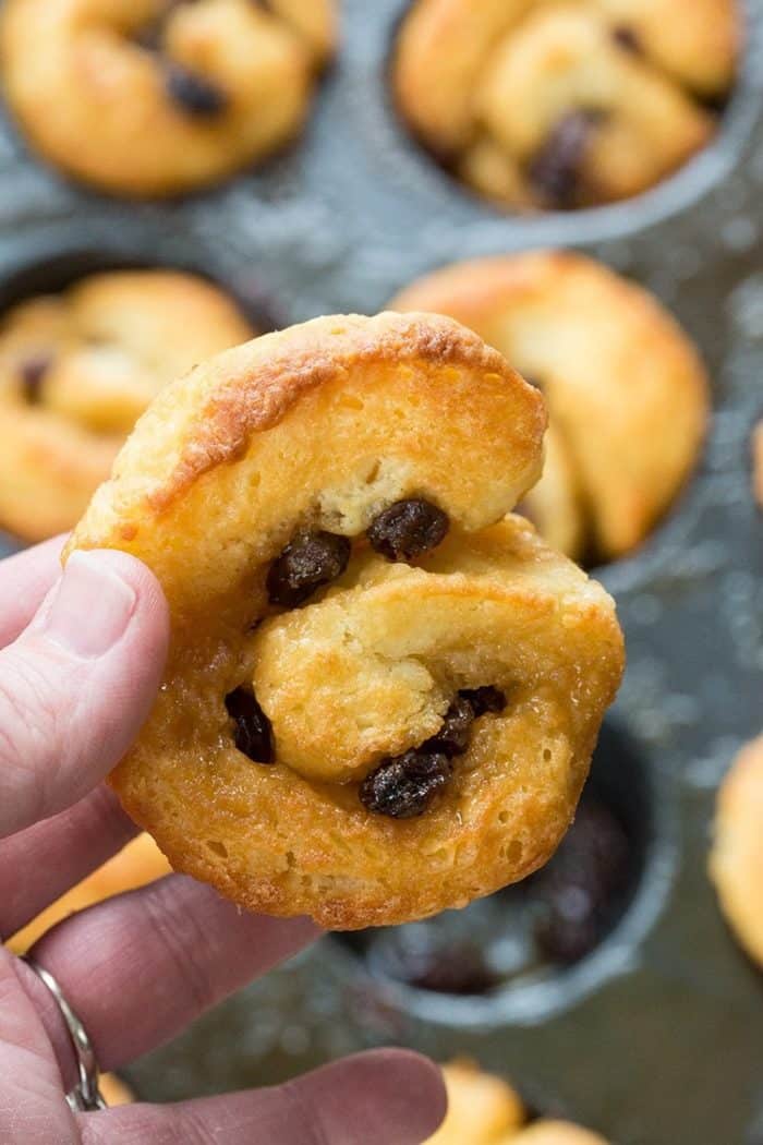 close up piece of Cinnamon Bun with raisins