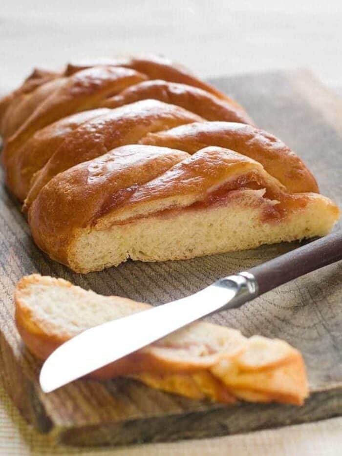 Fruit Filled Bread Braid sliced using a bread knife