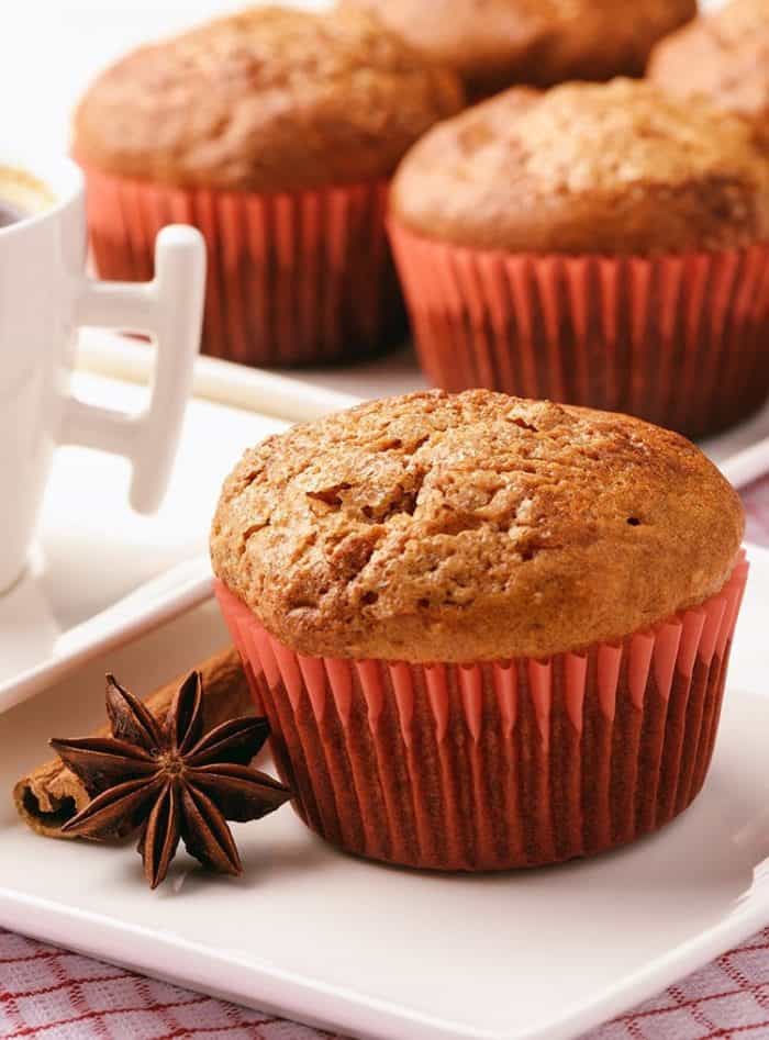 Spicy Ginger Muffins with orange color cake liners on a white plate 