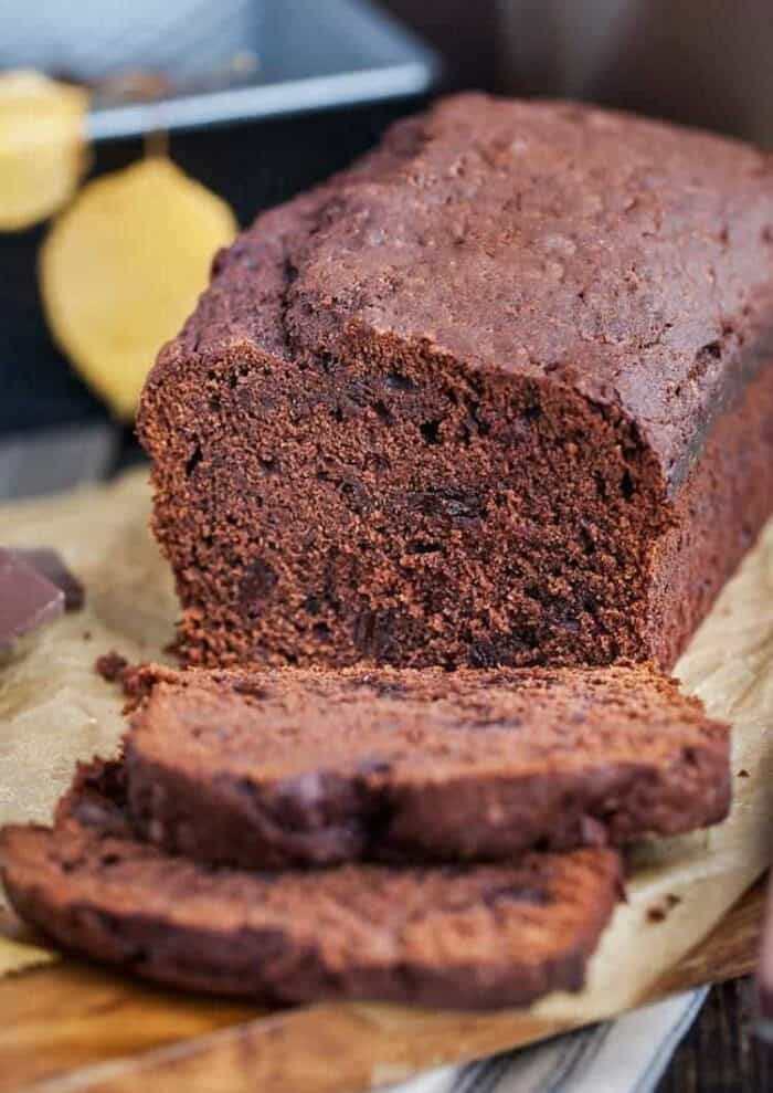 Chocolate Zucchini Bread on a wooden board