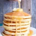 stack of Homemade Pancakes with Butter & Brown Sugar Sauce