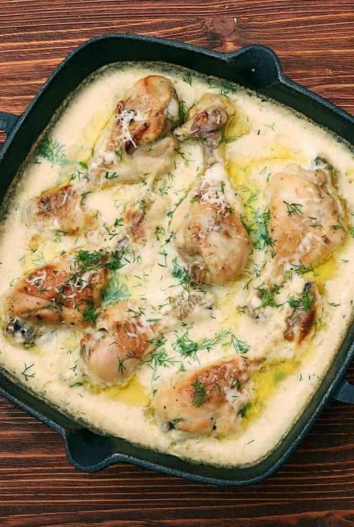 top down shot of Camp Cook's Parmesan Chicken in a large baking pan