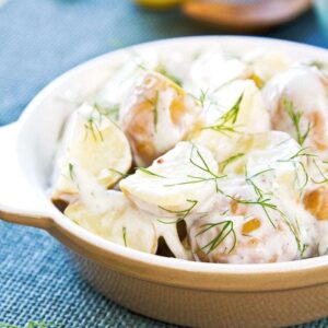 close up of Ukrainian Style Creamed Dill Potatoes in a bowl