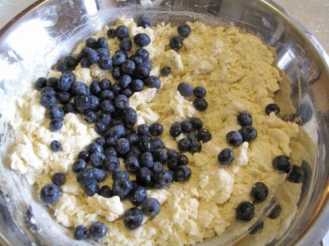 blueberries added into the mixture for scones on a large stainless bowl