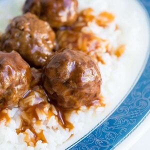 close up Sweet and Sour Meatballs in a plate with rice