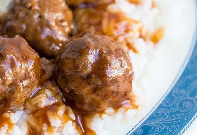 close up Sweet and Sour Meatballs in a plate with rice