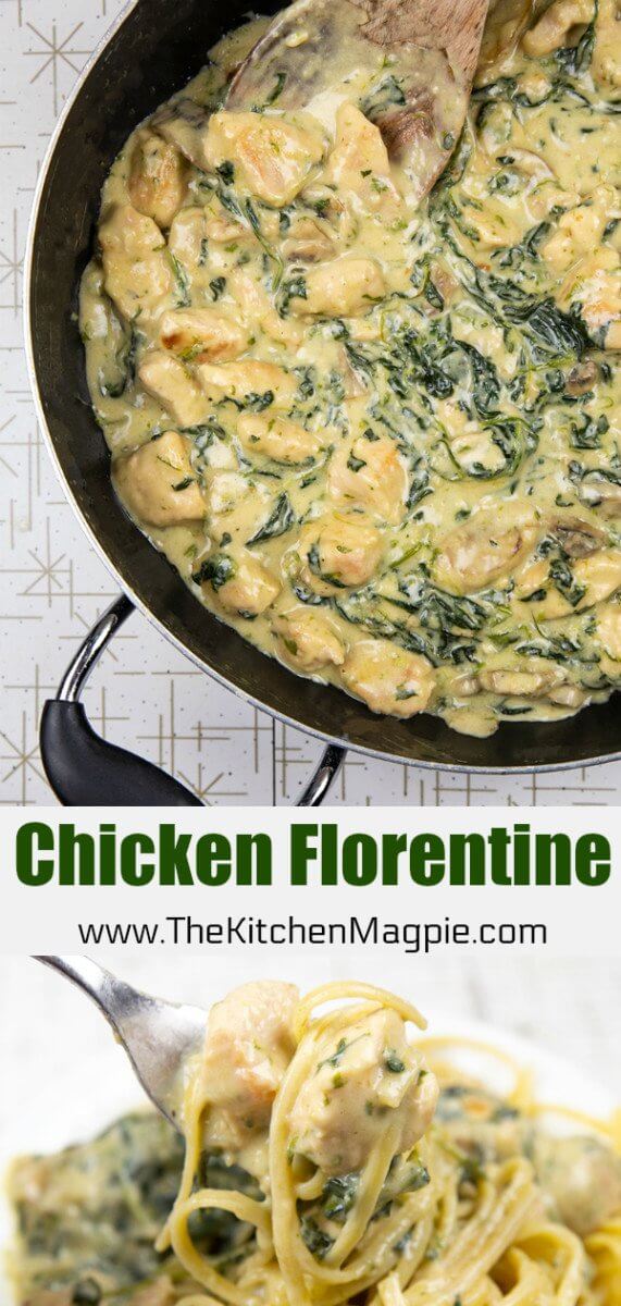 This easy Chicken Florentine is chicken breasts baked in a creamy mushroom, Parmesan and spinach sauce that you serve over pasta. Your family is going to love it! #chicken #florentine