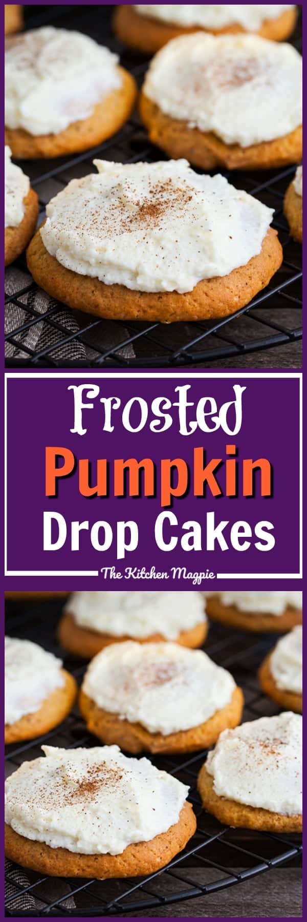 Frosted Pumpkin Drop Cakes! These cakey cookies are frosted with the BEST buttercream icing ever! Recipe from @kitchenmagpie #cookies #pumpkin #recipe #frosting #icing