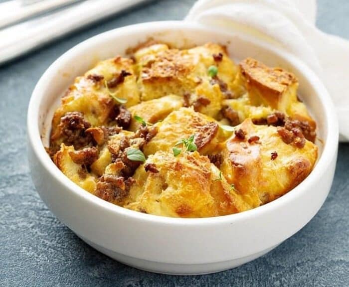 Sausage Breakfast Bake Casserole in a small white round baking dish