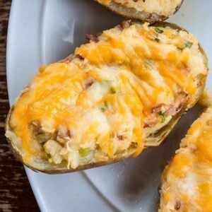 close up Twice baked potatoes on a white plate