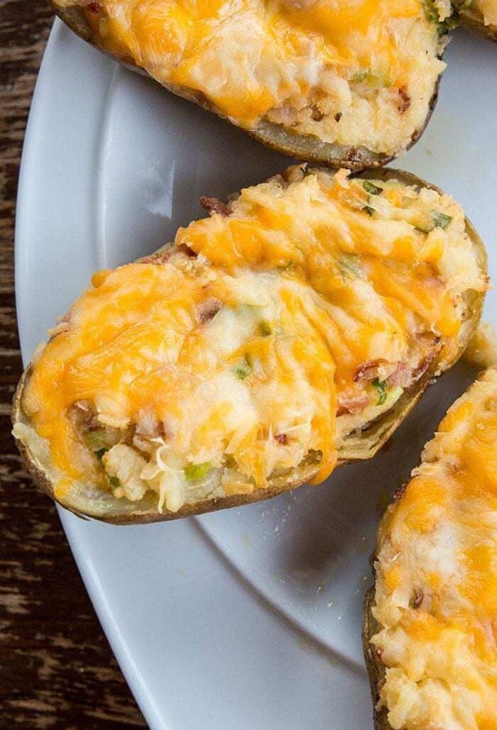 close up Twice baked potatoes on a white plate