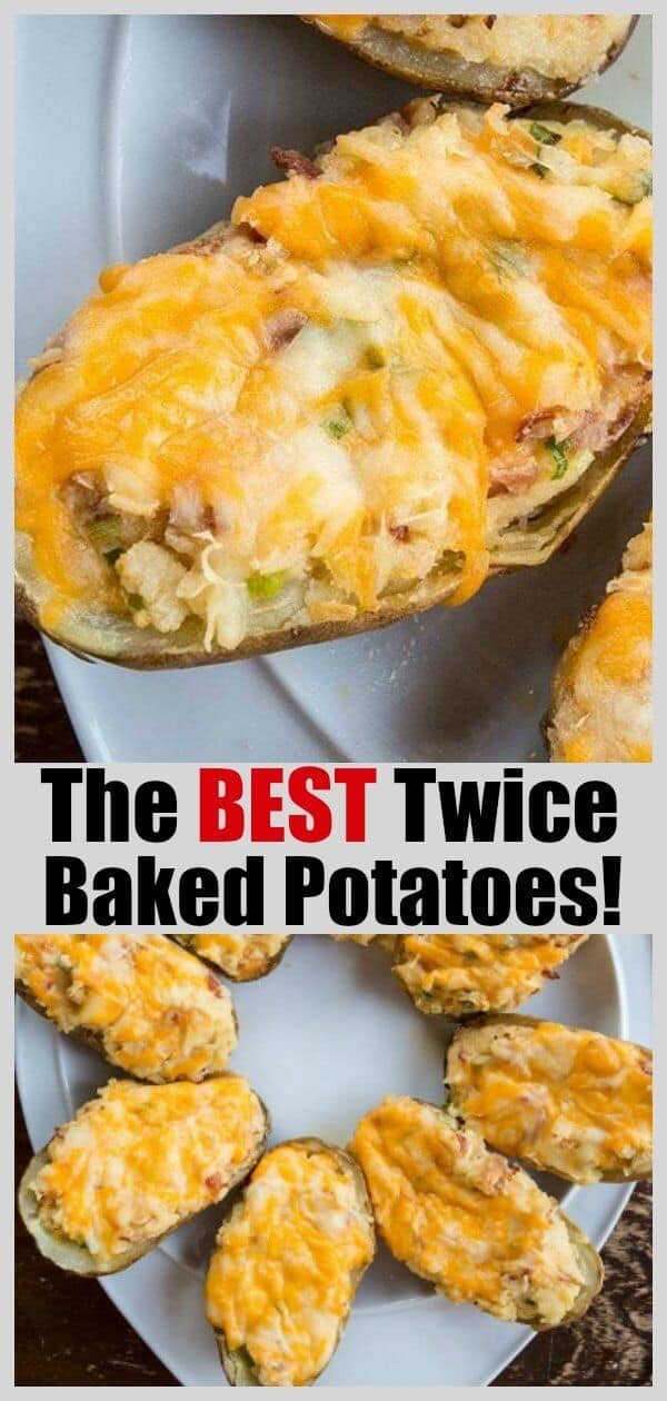 The BEST twice baked potatoes! A couple of secret ingredients make these absolutely scrumptious! #potatoes #bakedpotatoes #stuffedpotatoes #cooking #recipes #picnic #bbq #cheese 