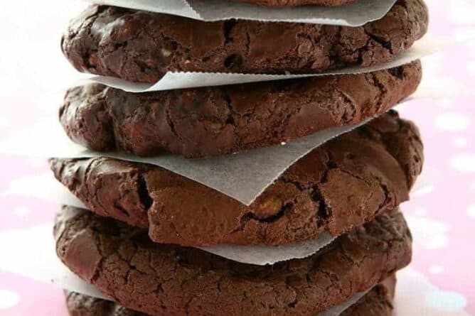 stack of White Chocolate Cocoa Cookies with parchment paper in between each piece