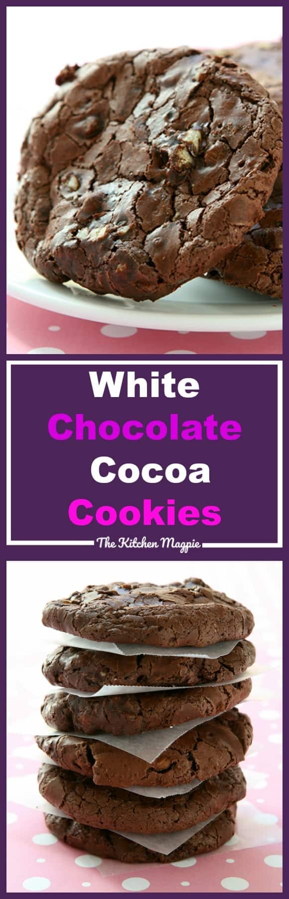 These White Chocolate Cocoa Cookies are the easiest, most decadent chocolate chip cookie ever! These are perfect for the white chocolate chip lover!  Recipe from @kitchenmagpie #cookies #chocolate #recipe #dessert