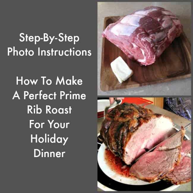 a slice of butter and uncooked prime rib roast in a wooden tray, slicing cooked prime rib roast on second picture