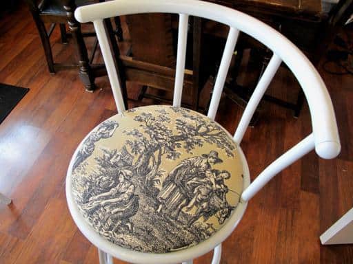 white painted kitchen stool with vintage cover