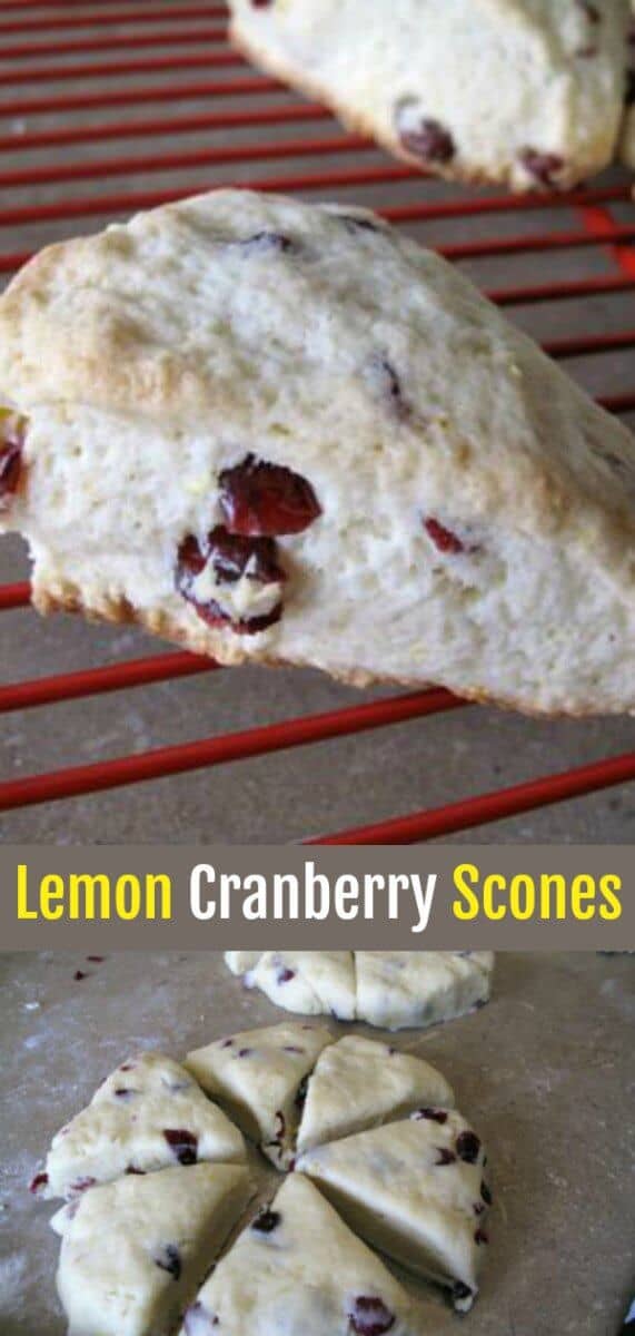 Delicious tangy lemon scones with the added zing of cranberries. #lemon #scones #cranberry