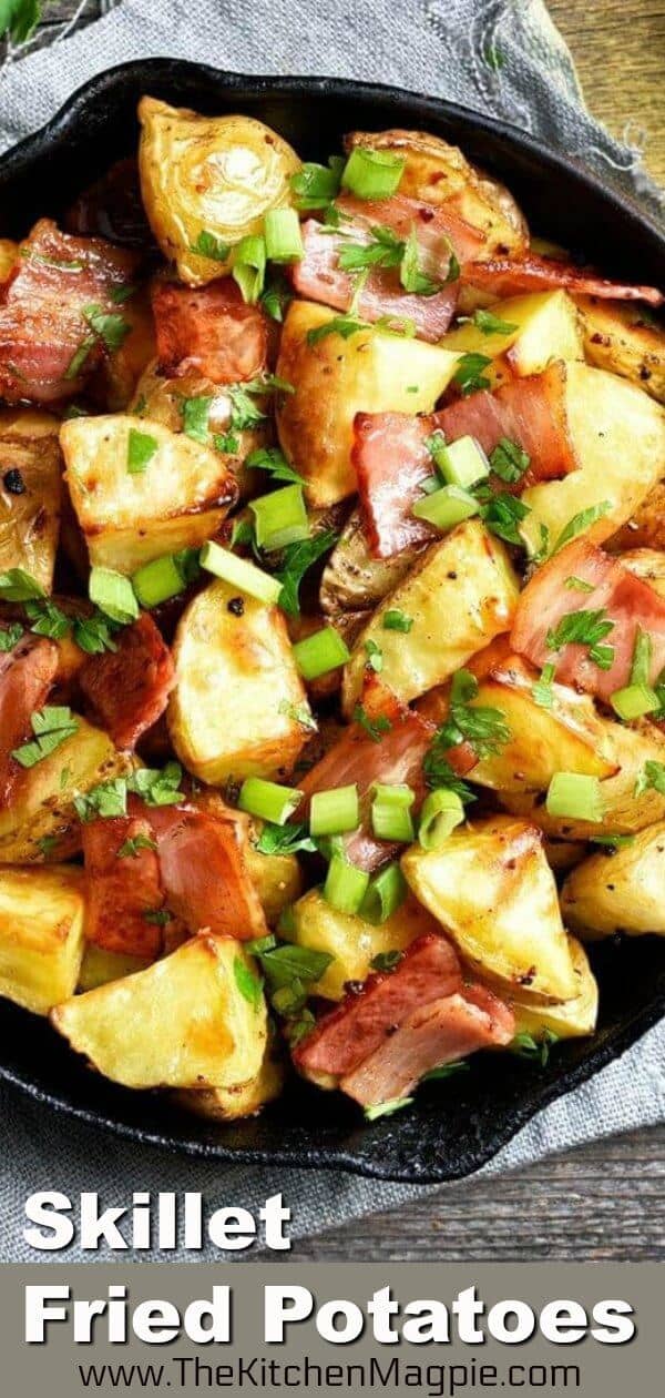 (Mostly) Make-Ahead Skillet Fried Potatoes. These mostly make-ahead skillet potatoes are a really easy dish to prep before the holidays. You pre-cook the potatoes and can dice up everything to go in it ahead of time! #breakfast #brunch #potatoes #friedpotatoes #hashbrowns #bacon #eggs #cooking #recipe 