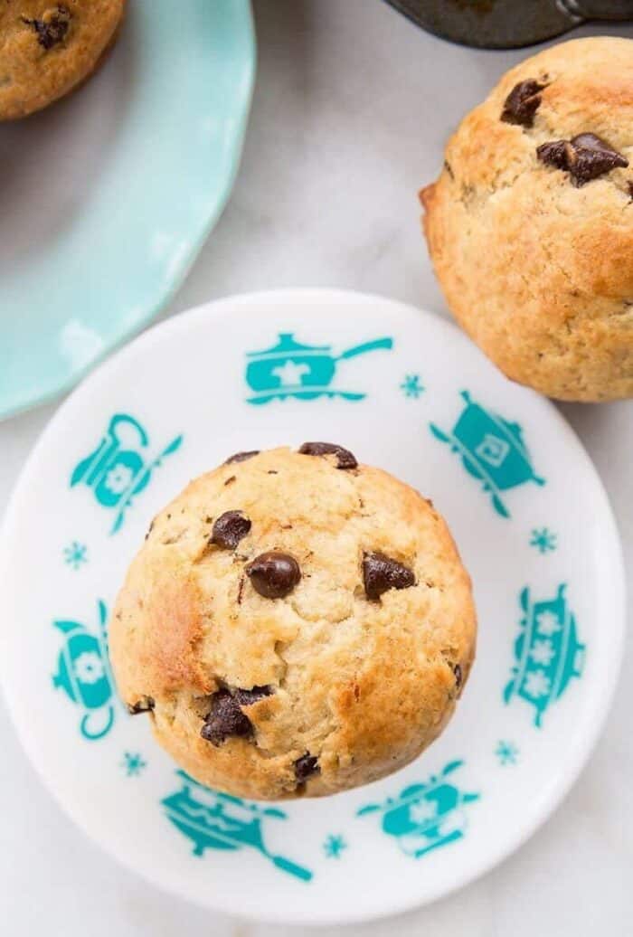 Close up of a banana muffin on a vintage Hazel Atlas turquoise KitchenAids plate