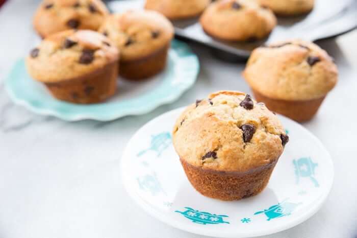 Chocolate Chip Banana Muffins in dessert plates 