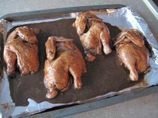 marinated Game Hens placed in baking sheet lined with aluminum foil