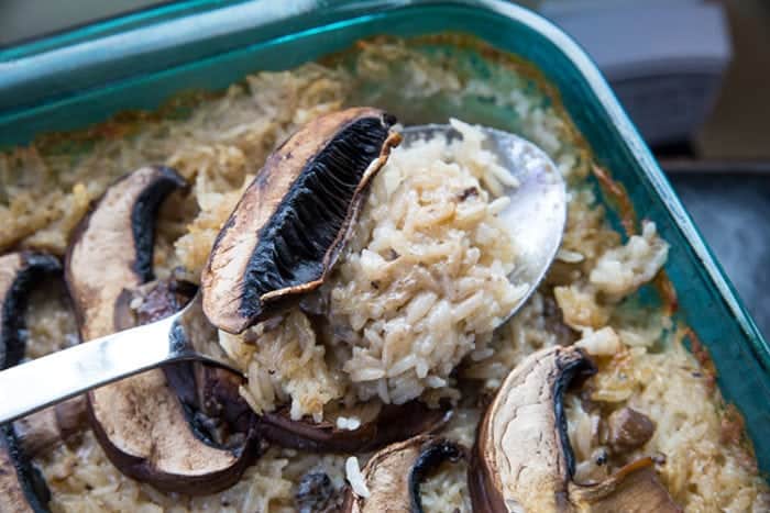 a spoon of creamy Rice & Mushroom Casserole 