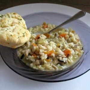 Cornish Game Hen Soup in a Plate Bowl with Best Biscuits Ever on side