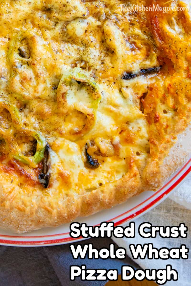 How to make the the BEST pizza dough using whole wheat flour, and then step by step photos how to make a cheese stuffed pizza crust with it! #pizza #dough #wholewheat #stuffedcrust