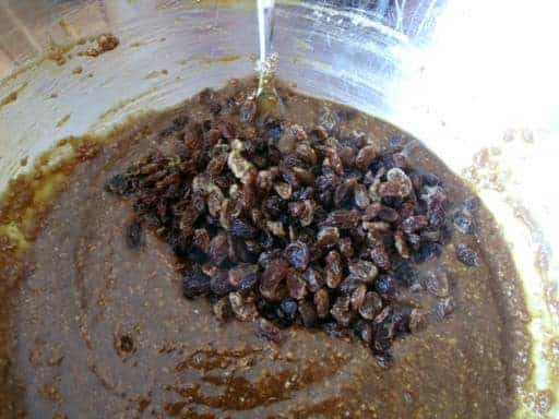 raisins added to wet mixture in a large bowl