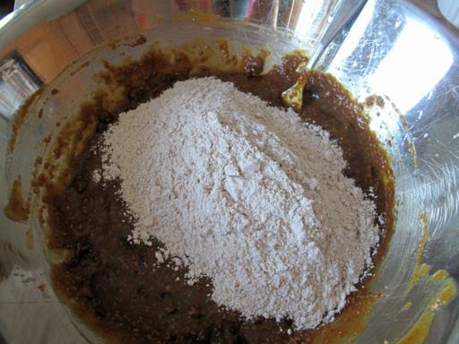 dry ingredients added to wet mixture in a large bowl