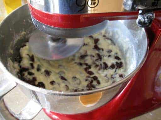 mixing in raisins into the Babka in a mixer