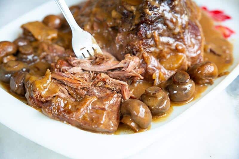 Creamy Mushroom Beef Chuck Roast in a white plate