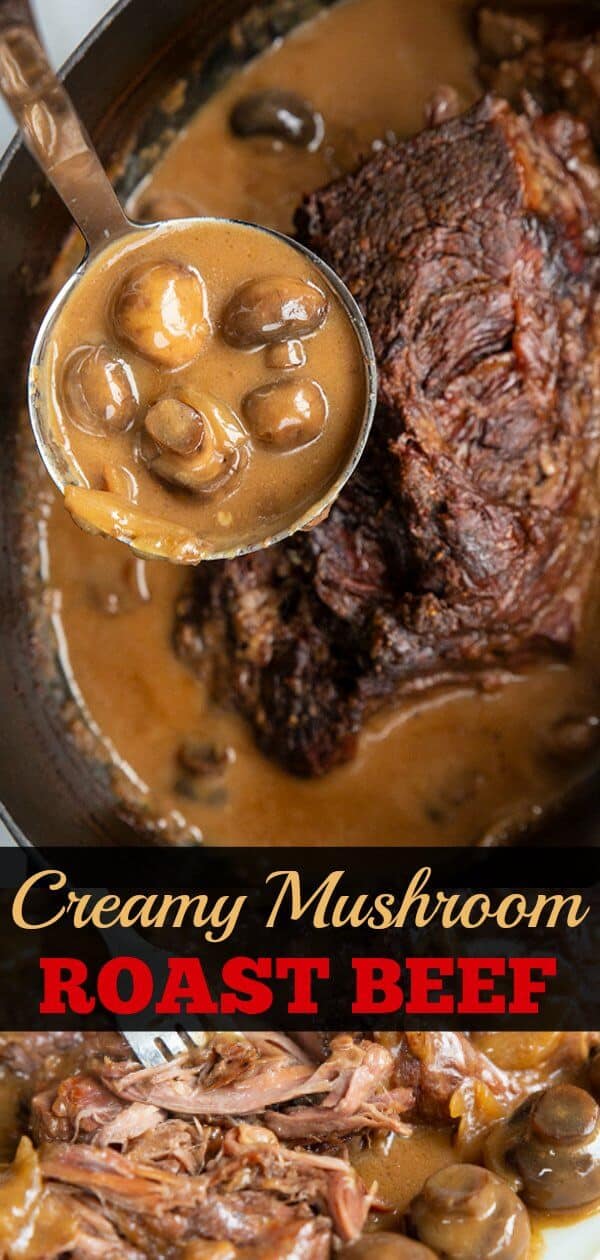 Creamy Mushroom Beef Chuck Roast Recipe! Take a tough chuck roast, slow cook it on low for hours and turn it into a buttery soft roast with a creamy mushroom onion gravy - ALL in one roaster! #roastbeef #beef #chuckroast #cooking #mushrooms #gravy #onions #dinner #supper #potroast #roast 