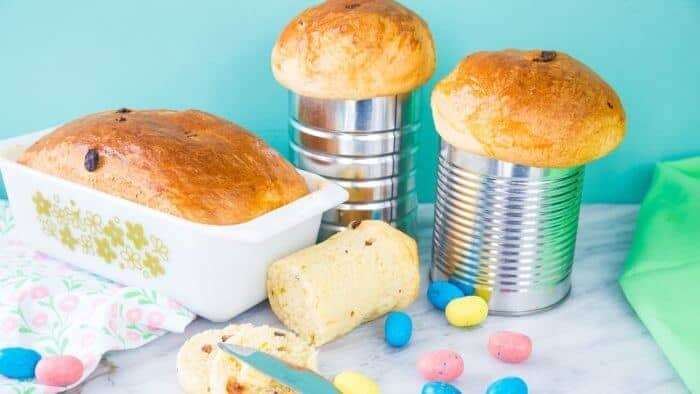 Easter Bread, or Ukrainian Babka in coffee tins and in a Pyrex loaf pan