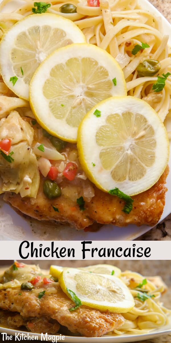How to make decadent, lemony Chicken Francaise! This skillet fried chicken in a lemon sauce is a classic chicken recipe. #chicken #chickenbreast #lemon #pasta #francaise 