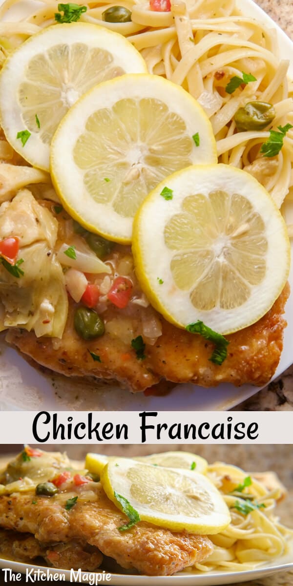 How to make decadent, lemony Chicken Francaise! This skillet fried chicken in a lemon sauce is a classic chicken recipe. #chicken #chickenbreast #lemon #pasta #francaise 