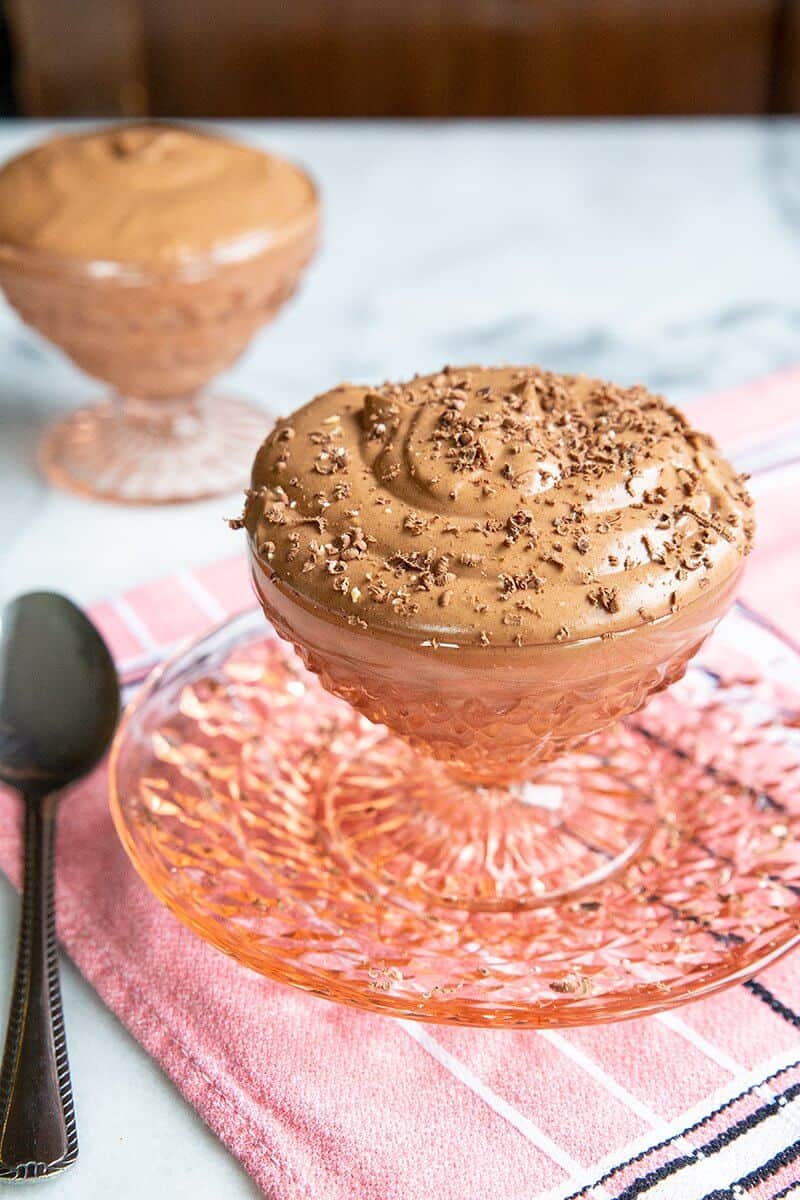 Fluffy Chocolate Mousse in Pink Depression Glass Sherbet 