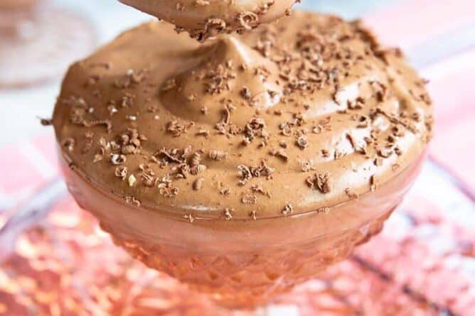 Fluffy Chocolate Mousse in Pink Depression Glass Sherbet