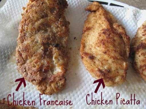 Chicken Francaise on the left when cooked versus chicken piccata on the right 