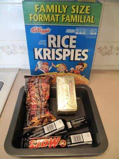 a box of rice krispies and packs of chocolate bars