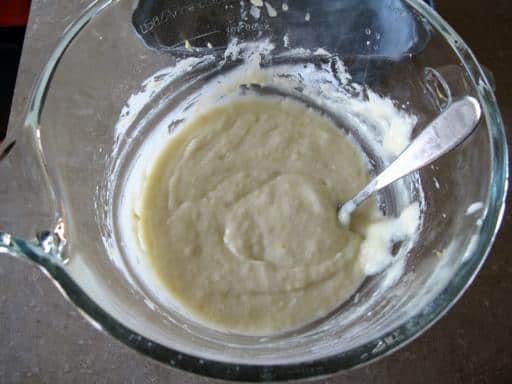 Lemon Saskatoon Loaf mixture in a Pyrex glass