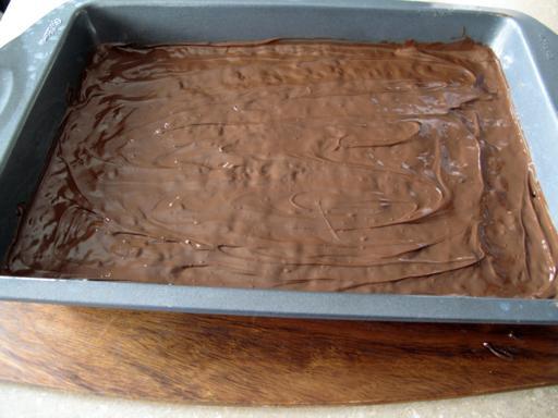Melted semi-sweet chocolate chips spread over surface of bars in a baking pan